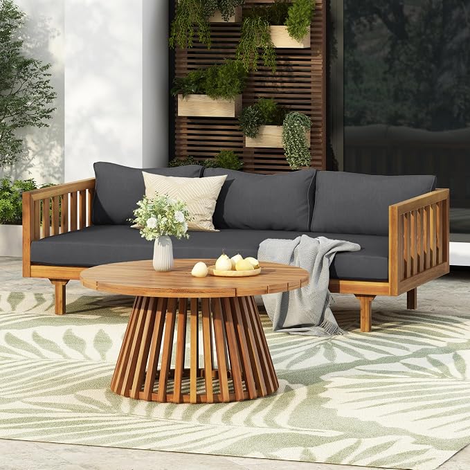Merax Outdoor Acacia Wood Conversation Set - Patio 3-Seat Loveseat Sofa w/Coushion and Round Coffee Table for Backyard, Lawn, Balcony, Teak+Dark Gray