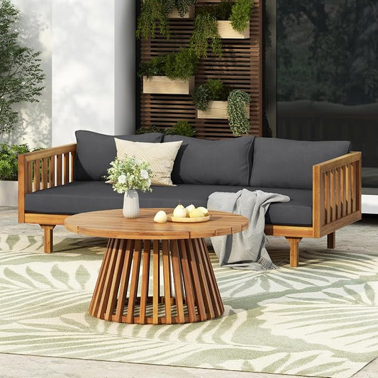 Merax Outdoor Acacia Wood Conversation Set - Patio 3-Seat Loveseat Sofa w/Coushion and Round Coffee Table for Backyard, Lawn, Balcony, Teak+Dark Gray