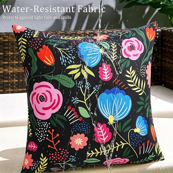 Pyonic Waterproof Outdoor Pillow Covers 18x18 Set of 2, Colorful Floral Decorative Cushion Covers for Patio Furniture, Garden, Balcony,Sunbrella， Boho Nordic Outdoor Indoor Home Decor,Black