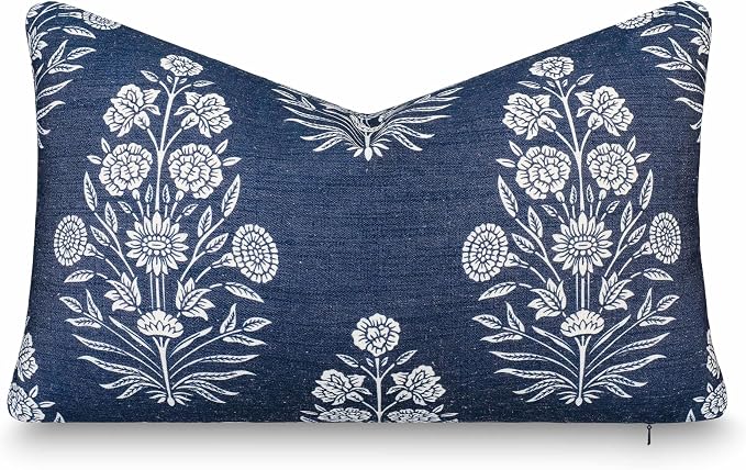 California Casual Coastal Indoor Outdoor Lumbar Pillow Cover, 12"x20" Water Repellent for Patio, Backyard, Couch, Poolside, Dark Navy Print Floral