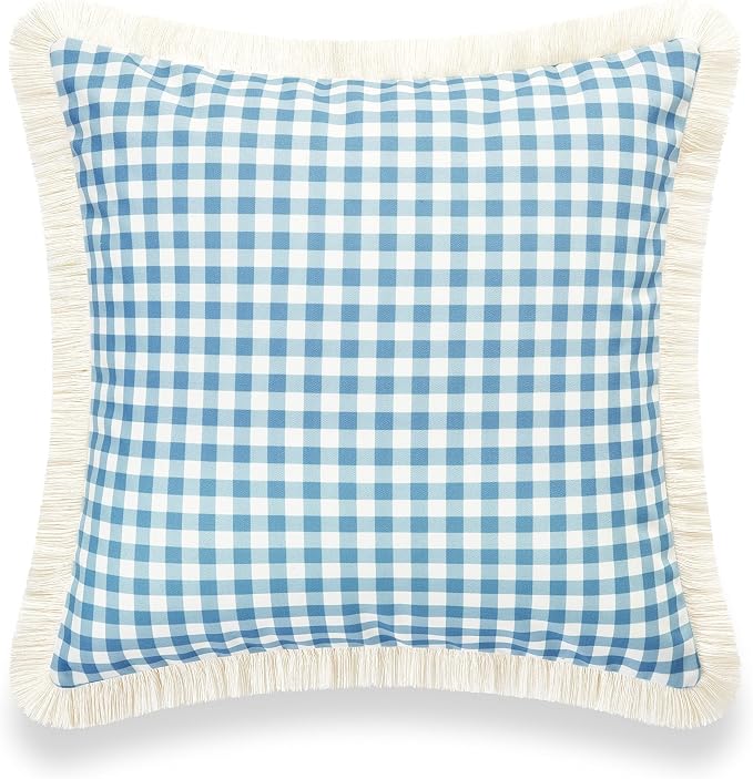 Hofdeco Premium Coastal Hampton Style Patio Indoor Outdoor Pillow Cover Only, 20"x20" Water Resistant for Backyard, Couch, Baby Blue Gingham Fringe