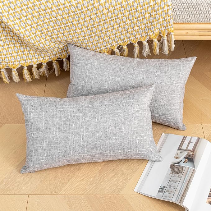 Kevin Textile Outdoor Waterproof 12”x24” Lumbar Pillow Covers 2 Pack, Grey | Water Resistant, Soft Faux Linen-cotton Yarn-dyed Woven Texture Throw Pillow Covers for Tent Patio Garden Couch Sofa