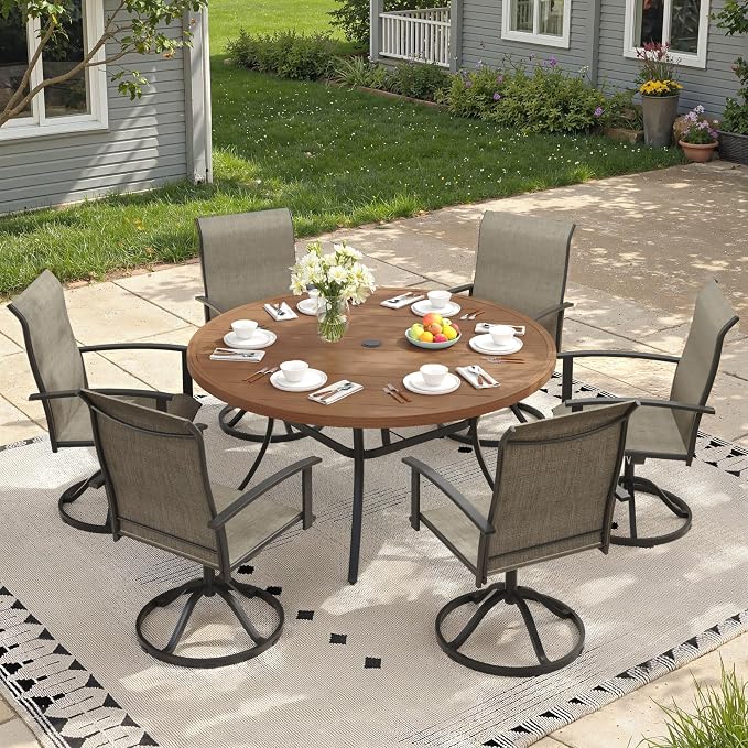 Outdoor Dining Table for 6, 50" Round Outdoor Table with Adjustable Umbrella Hole, All-Weather Metal Patio Dining Table for Lawn Garden Backyard Deck, Walnut