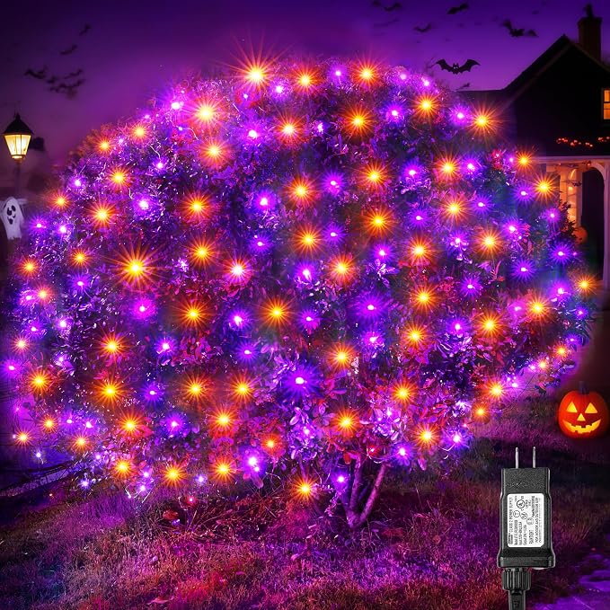 BlcTec Halloween Lights Outdoor 360 LED 9.8ft x 6.6 Orange Purple Halloween Mesh Lights with 8 Modes, Timer, Connectable, Waterproof and Green Wire Design for Lawn, Bushes Outdoor Holiday Decorations