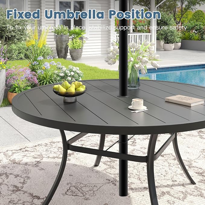 DIFY 11 Piece Outdoor Dining Set, 60" Black Round Metal Patio Table and Brown Textilene Stackable Chairs for 10, All Weather Patio Furniture Set with Umbrella Hole for Backyard Garden Deck