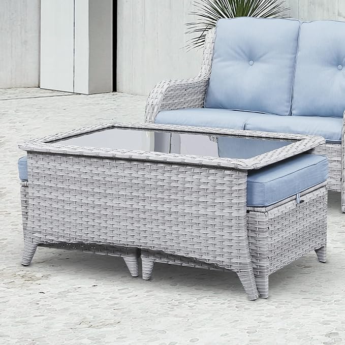 Belord Outdoor Coffee Table with Tempered Glass Top, Patio Rectangular Light Grey Wicker Table, Handwoven Rattan Coffee Table Compatible with Patio Furniture Sets for Porch Deck Backyard