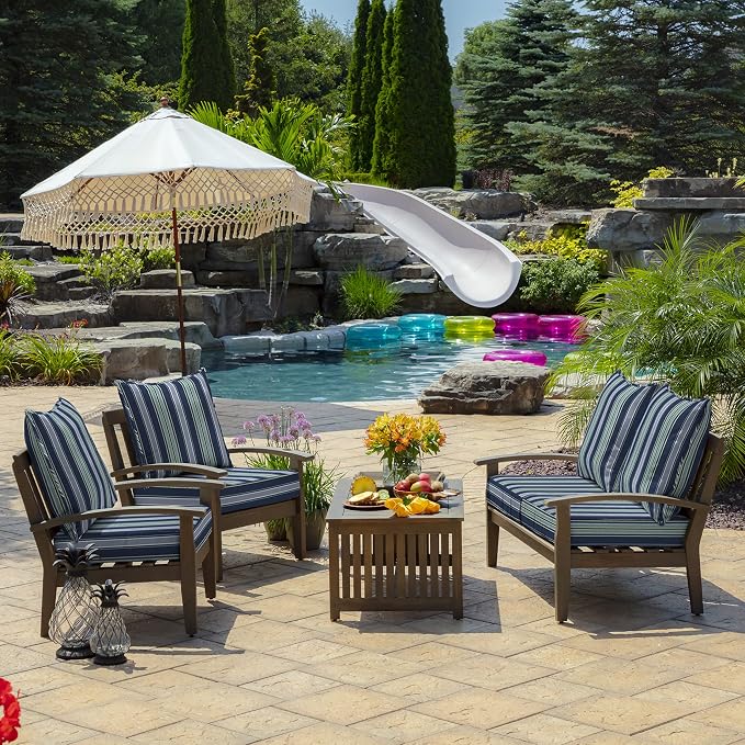 Arden Outdoor Deep Seat Cushion Set, Foam, 4-Pack, 24x24, Blue Stripe | Sofa, Couch, Conversation Set, Premium High-Density Foam, Never Flattens, Mold and Mildew Resistant