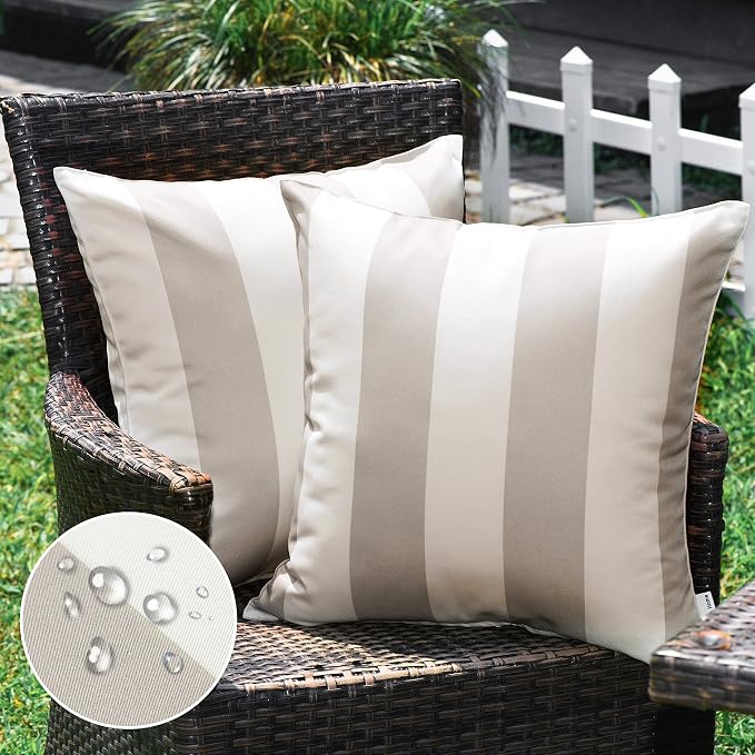 Pack of 2 Outdoor Waterproof Striped Pillow Covers Decorative Throw Covers | 18x18, Beige Grey,Garden Cushion Covers, Farmhouse Pillowcases for Couch Sofa Patio Tent Balcony