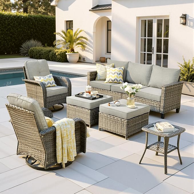 ovios 6 Pieces Patio Furniture Set, Outdoor Wicker Sofa Couch with Swivel Glider Chairs Comfy Cushions, Modern Deep Seat Rattan Conversation Sets for Deck Porch, Dark Grey