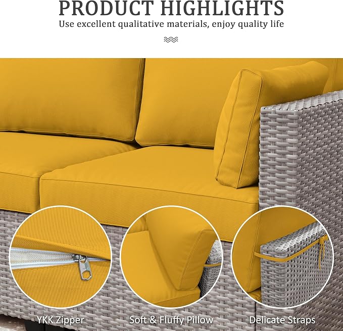 Outdoor Furniture Replacement Cushions, Waterproof Patio Furniture Cushions, 4" Deep Seat Outdoor Sectional Cushion for 3-Seat Outdoors Rattan Sofa Patio Sofa Cushion, Yellow
