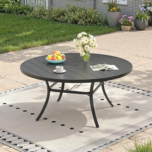 Outdoor Dining Table for 6, 50" Round Outdoor Table with Adjustable Umbrella Hole, All-Weather Metal Patio Dining Table for Lawn Garden Backyard Deck, Black