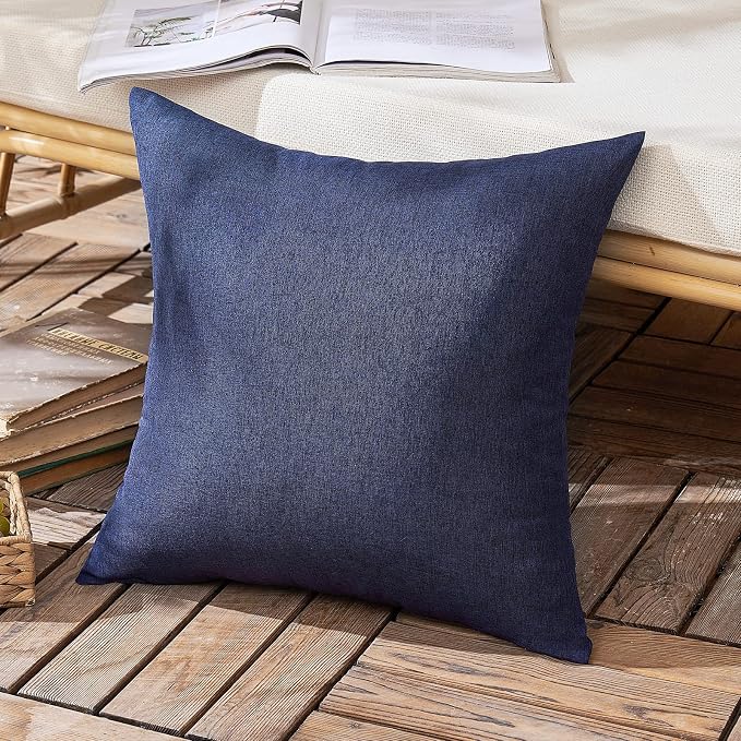 Outdoor Waterproof Throw Pillow Covers Dark Blue 16x16 Set of 2 | Decorative Farmhouse Linen Pillowcases Solid Cushion Cases for Patio Tent Balcony Couch Sofa Living Room