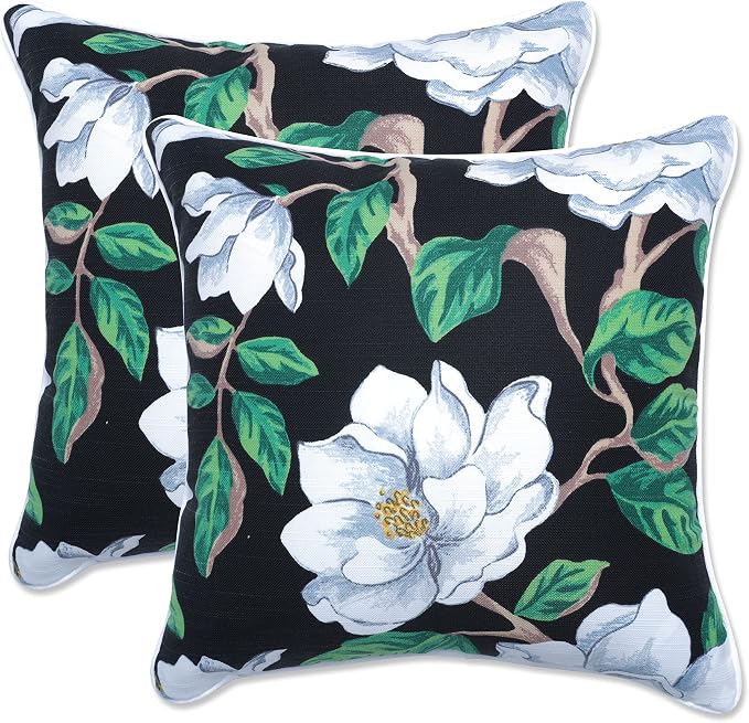 Pillow Perfect Floral Indoor/Outdoor Accent Throw Pillow, Plush Fill, Weather, and Fade Resistant, Throw - 16.5" x 16.5", Black/White Magnolia, 2 Count