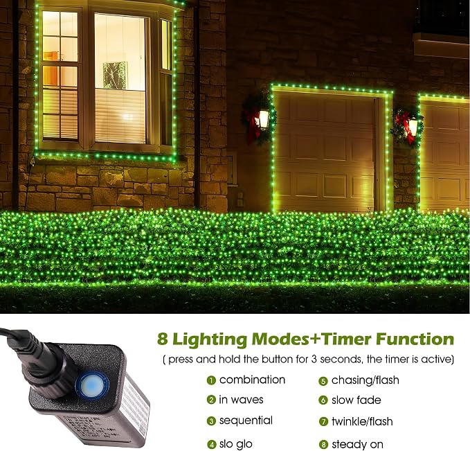 BlcTec Outdoor Christmas Lights 360 LED 9.8ft x 6.6ft Christmas Net Lights with 8 Modes, UL Certified, Timer, Connectable, Waterproof for Trees, Bushes, Shrub, Yard Outdoor Xmas Decorations, Green