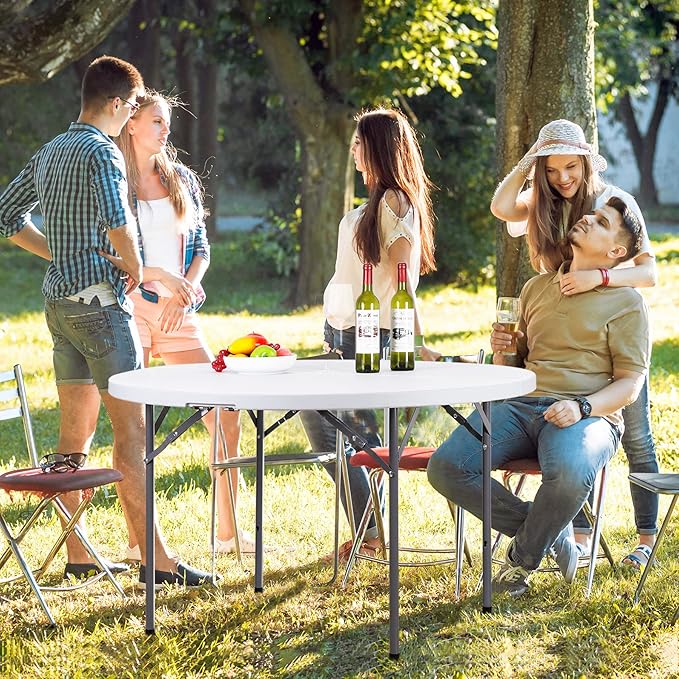 48" Round Folding Table Plastic Card Table Circle Dining Table Heavy Duty Portable w/Handle for Picnic Party Camping Dining Wedding Event Indoor Outdoor Lightweight White