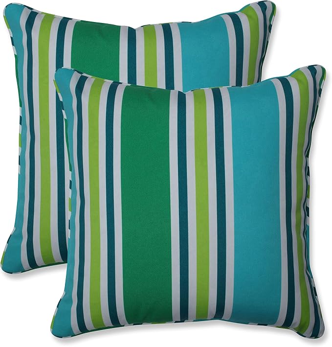 Pillow Perfect Stripe Indoor/Outdoor Accent Throw Pillow, Plush Fill, Weather, and Fade Resistant, Large Throw - 18.5" x 18.5", Blue/Green Aruba, 2 Count