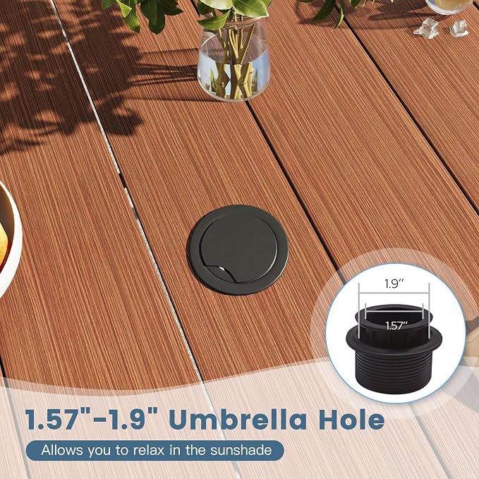 DIFY 7 Piece Outdoor Dining Set, 48" Walnut Round Metal Patio Table and Brown Textilene Stackable Chairs for 6, All Weather Patio Furniture Set with Umbrella Hole for Backyard Garden Deck