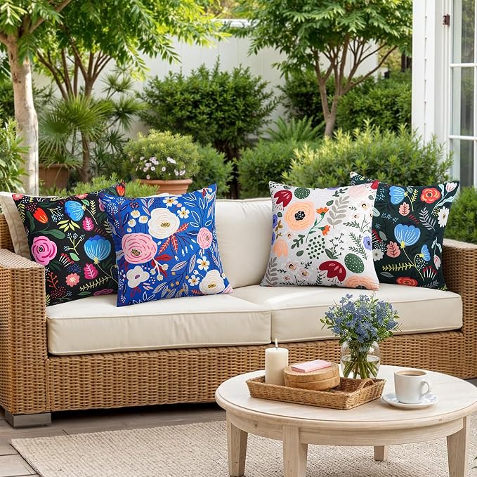 Pyonic Waterproof Outdoor Pillow Covers 18x18 Set of 2, Colorful Floral Decorative Cushion Covers for Patio Furniture, Garden, Balcony,Sunbrella， Boho Nordic Outdoor Indoor Home Decor