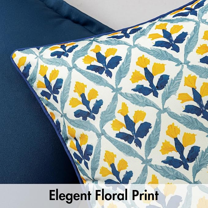 MIULEE Outdoor Floral Pillow Covers Waterproof 18x18 Light Yellow Blue | Decorative Block Print,Boho Farmhouse, Set of 2 Coastal Summer Cushion Covers with Piping,Garden Patio Furniture Porch Couch