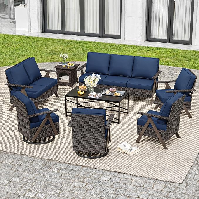 8 Pieces Patio Furniture Set,Outdoor Loveseat Sofa & High Back Swivel Rocker Patio Chairs, Wicker Conversation Set with Coffee Table and Side Table for Deck Yard and Poolside