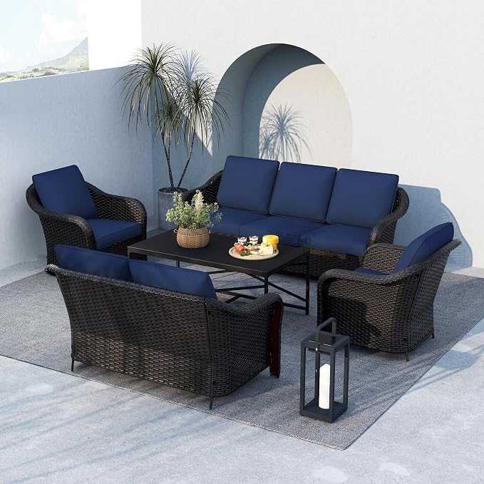 5 Pieces Outdoor Patio Rattan Conversation Furniture Set with Cushions, 78" 3-Seat Wicker Sofa, 55" 2-Seat Couch, 2 Armchairs, Metal Coffee Table for Garden (Navy Blue)