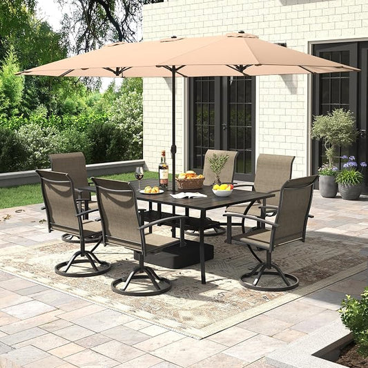 7 Pieces Patio Dining Set with Patio Umbrella, Outdoor Furniture of 59.2" Rectangular Patio Table and Patio Swivel Chairs for Backyard Lawn Garden, Black Table and Mixed Brown Chairs