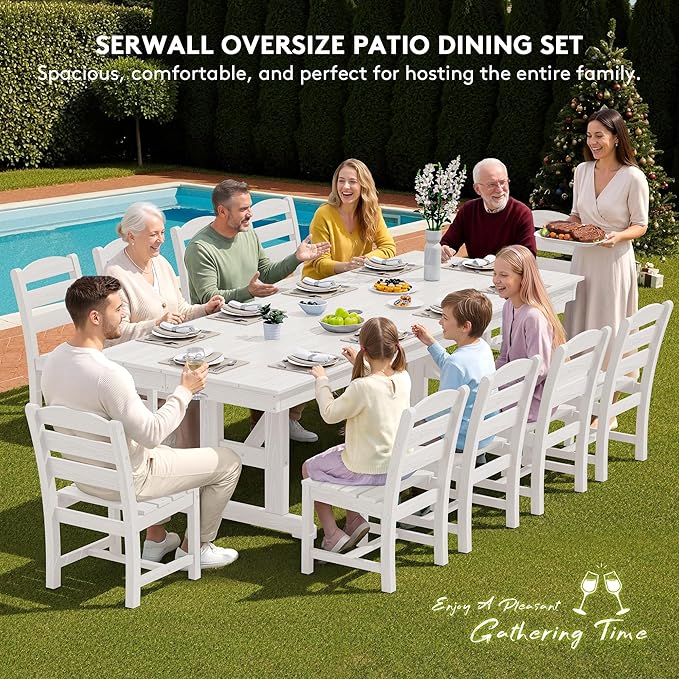 SERWALL 10 Piece Outdoor Dining Set with 15ft Triple-Head Foldable Umbrella(Based not Included), 84" HDPE Outdoor Table and Armless Chairs Set for 8, White