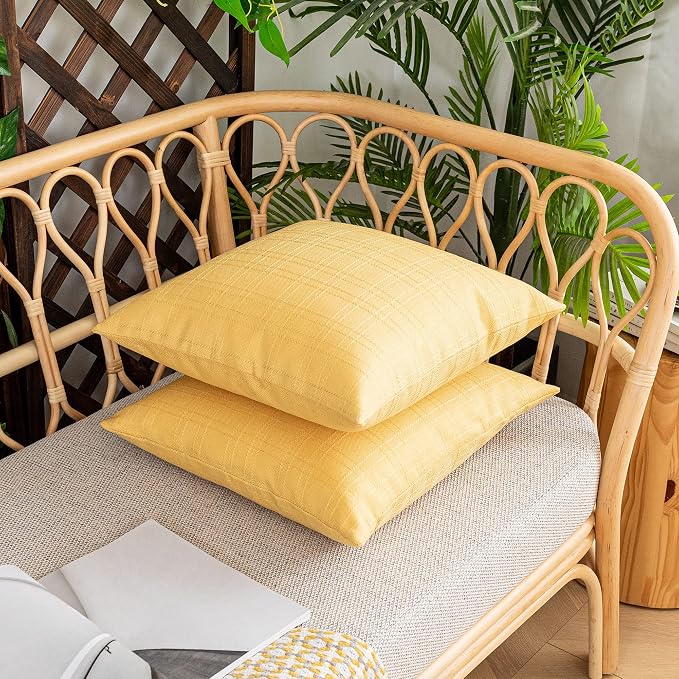 Kevin Textile Outdoor Waterproof 26”x26” Pillow Covers 2 Pack, Yellow | Water Resistant, Soft Faux Linen-cotton Yarn-dyed Woven Texture Throw Pillow Covers for Tent Patio Garden Couch Sofa
