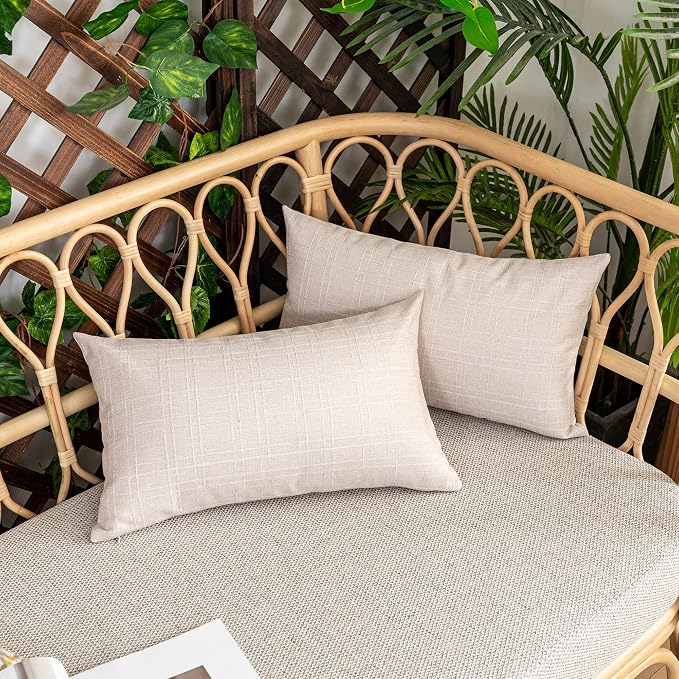 Kevin Textile Outdoor Waterproof 14”x24” Lumbar Pillow Covers 2 Pack, Beige | Water Resistant, Soft Faux Linen-cotton Yarn-dyed Woven Texture Throw Pillow Covers for Tent Patio Garden Couch Sofa