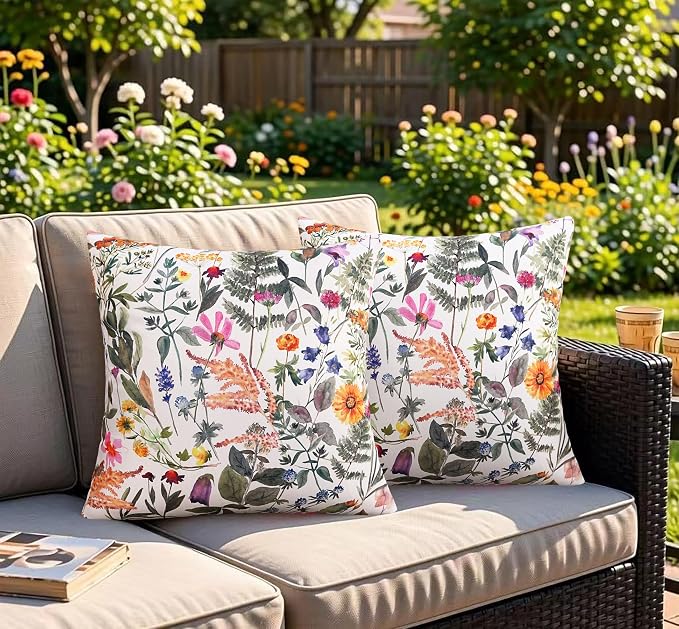 Merrycolor Pack of 2 Outdoor Waterproof Throw Pillow Covers 18x18 Summer Floral Decorative Square Pillowcase Outdoor Pillow Covers for Patio Furniture Garden