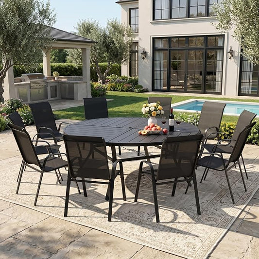 DIFY 11 Piece Outdoor Dining Set, 60" Black Round Metal Dining Table and Dark Grey Textilene Stackable Patio Chairs, Patio Table and Chairs Set for 10 with Umbrella Hole for Backyard Garden Deck