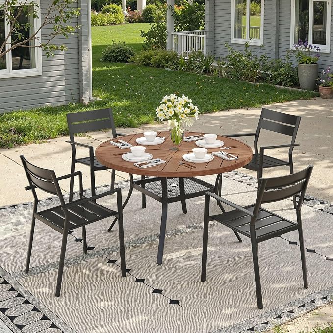 Patio Dining Set for 4, Round 40.7" Patio Dining Table and Stackable Outdoor Dining Chairs Outdoor Furniture for Backyard Porch Deck, Spliced Walnut Table and Black Chairs