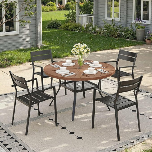 Patio Dining Set for 4, Round 40.7" Patio Dining Table and Stackable Outdoor Dining Chairs Outdoor Furniture for Backyard Porch Deck, Spliced Walnut Table and Black Chairs