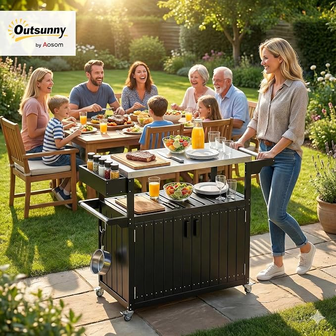 Outsunny Outdoor Bar Cart with Storage Cabinet, Stainless Steel Top Kitchen Island on Wheels, HDPE Outdoor Bar Table, Movable Patio Beverage Food Prep Table for BBQ Picnic, Black