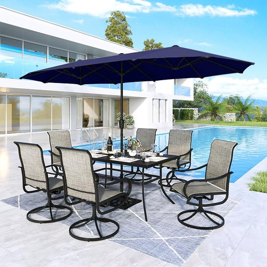 MFSTUDIO Outdoor Dining Set for 6, Patio Furniture Set with Navy Umbrella (Base not Included), Rectangle Metal Table and 6 Swivel Chairs for Patio, Deck, Backyard, Garden