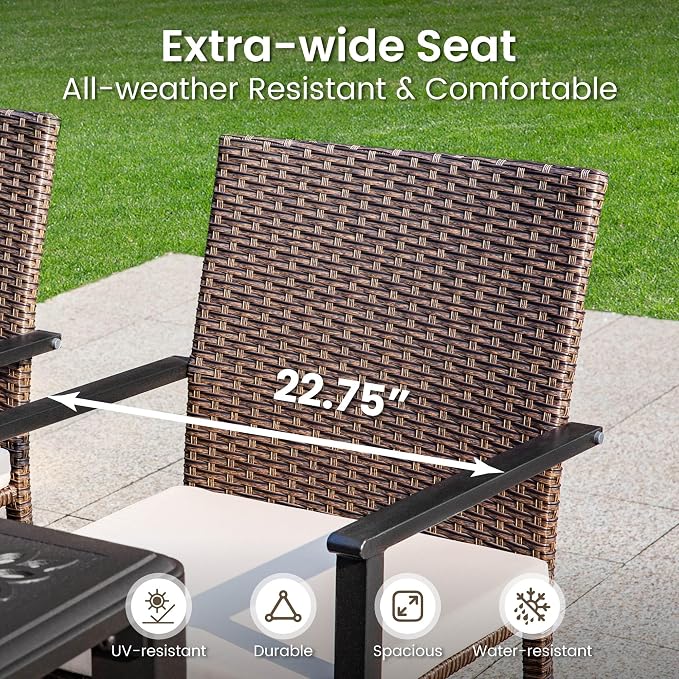 PHI VILLA 7 Piece Patio Dining Set, 64” Wood-Like Table, Rattan Chairs | Outdoor Dining Set for 6, Rectangular Table with Umbrella Hole, Wicker Chairs with Cushions for Patio, Deck, Porch