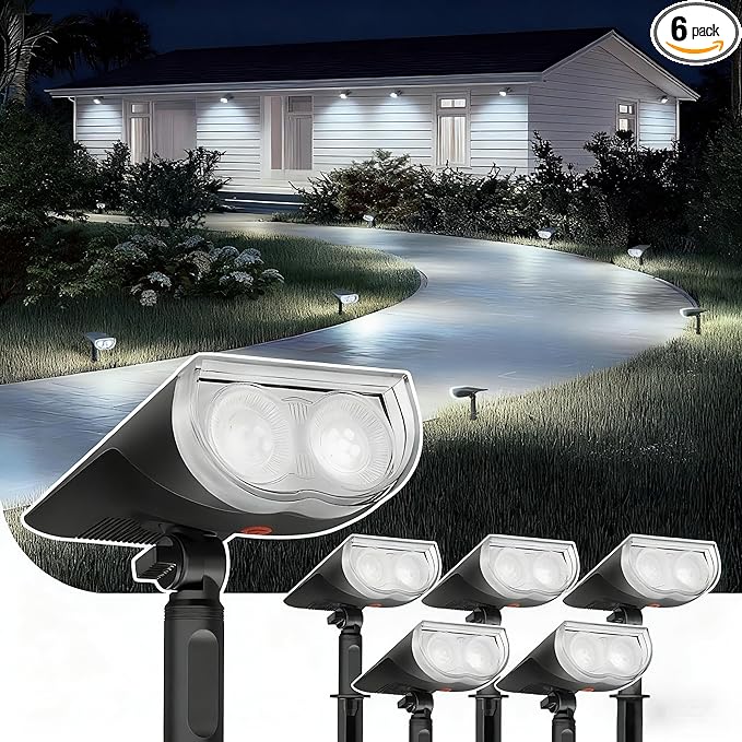 Linkind Solar Spotlights Outdoor Waterproof Dusk to Dawn Cool White 6 Pack | StarrayS Mini, 2 Lighting Modes, 6500K, IP65, Adjustable Head for Landscape Garden Yard Patio Flag Tree Backyard Pathway