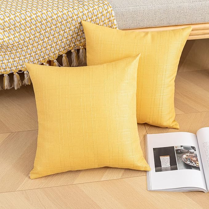 Kevin Textile Outdoor Waterproof 24”x24” Pillow Covers 2 Pack, Yellow | Water Resistant, Soft Faux Linen-cotton Yarn-dyed Woven Texture Throw Pillow Covers for Tent Patio Garden Couch Sofa