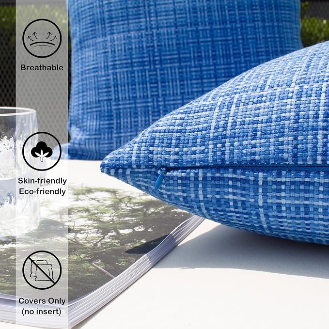 Kevin Textile Outdoor Waterproof 22x22 Inch Pillow Covers 2 Pack, Blue | Water Resistant, Faux Linen Yarn-dyed, Woven Texture Throw Pillow Covers for Tent Patio Garden Couch Sofa