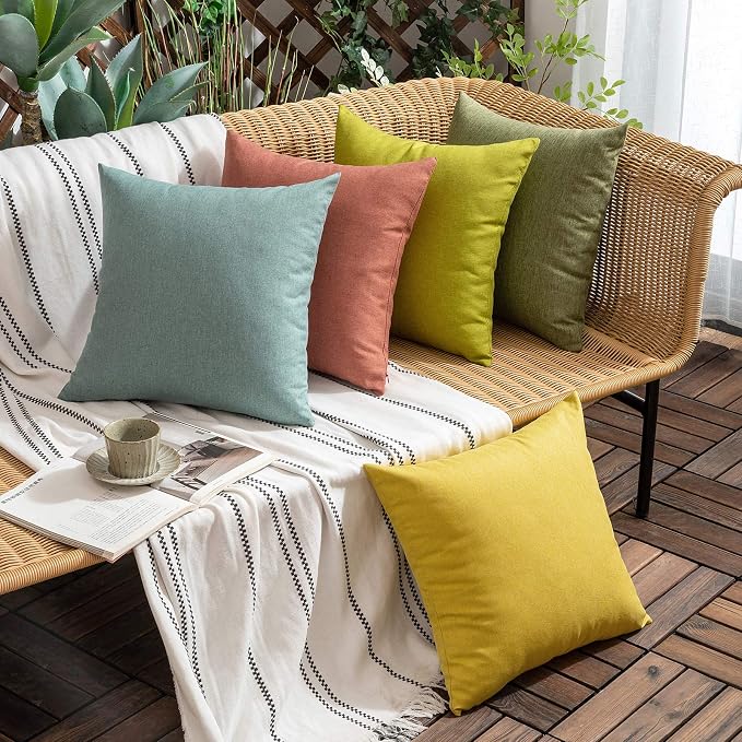 Outdoor Waterproof Throw Pillow Covers Teal 20x20 Set of 2 | Decorative Farmhouse Linen Pillowcases Solid Cushion Cases for Patio Tent Balcony Couch Sofa Living Room
