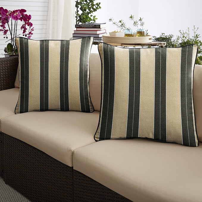 Sorra Home x Sunbrella - Square Pillows (Set of 2), Tan & Black Stripes