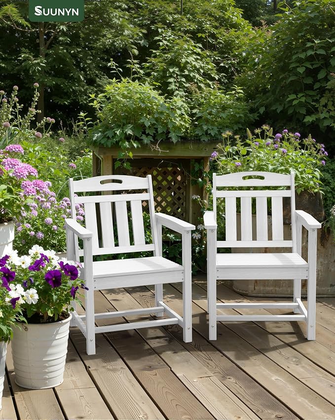 Patio Chairs Set of 2, HDPE Outdoor Dining Chairs with Wide Seat, All Weather Oversized Porch Chair for Garden, Backyard, Deck - White