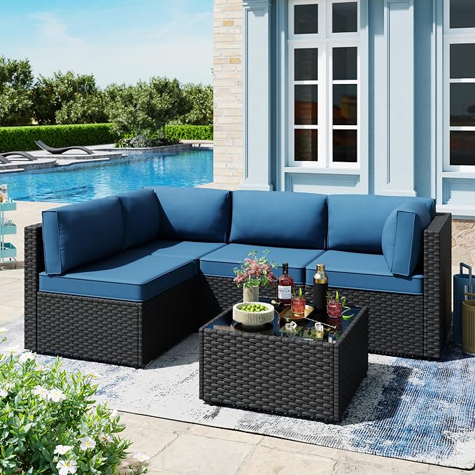 5pcs Patio Outdoor Furniture Sets Conversation Set, Low Back All-Weather Rattan Sectional Sofa with Tea Table&Washable Couch Cushions, Patio Furniture Sets (Black Rattan)
