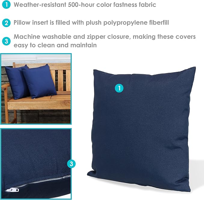 Sunnydaze Indoor and Outdoor Decorative Throw Pillows Set of 2 with Zipper Closures and Inserts - 17-Inch Square Patio Furniture Accents - Weather-Resistant Polyester - Navy