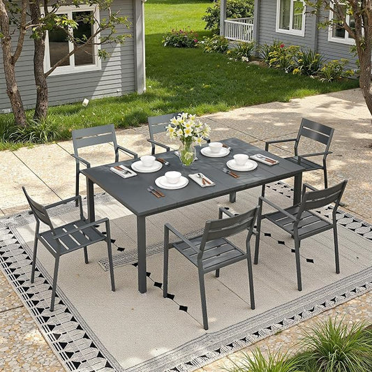 Patio Dining Set for 6, 63" Outdoor Dining Table and Chairs Set with Stackable Patio Chairs Outdoor Furniture for Garden Deck Backyard, Dark Grey Table and Grey Chairs