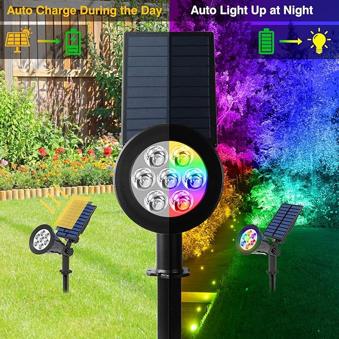 T-SUN Color Changing Solar Spot Lights Outdoor Waterproof, 7 LEDs, 4 Pack | 7 Color Changing Modes, IP65 Waterproof Dusk to Dawn Solar Uplights for Tree, Patio, Yard, Garden, Driveway, Pool Area