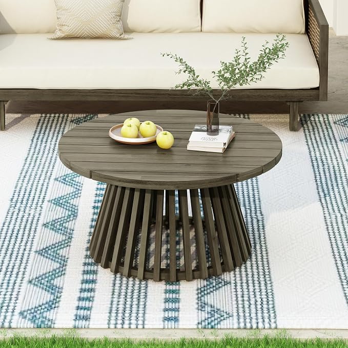 Christopher Knight Home Hakee Acacia Wood Patio Coffee Table, Round Table with Unique Wooden Base for Backyard, Balcony, Stylish Indoor/Outdoor Table, Easy Assembly, 31.5"x 31.5"x 16", Grey