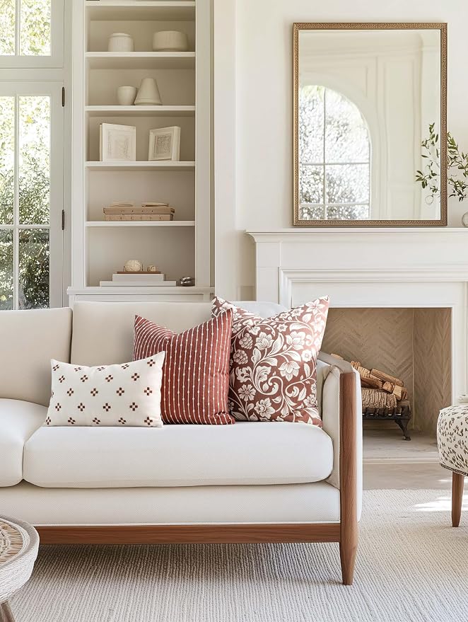 Modern Farmhouse Fall Linen Indoor Outdoor Throw Pillow Cover Only, 20"x20" Water Repellent for Patio, Backyard, Couch, Rust Neutral Embroidered Stripes