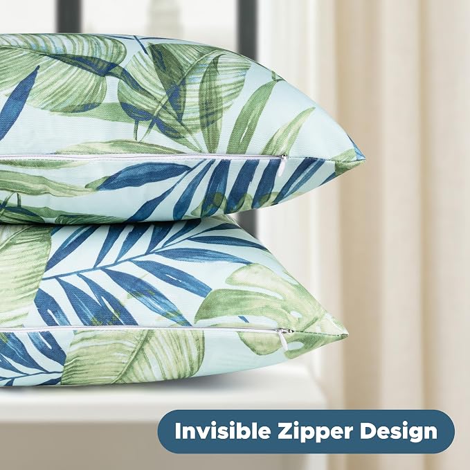 Outdoor Pillow Covers 18x18 Inch, Waterproof Throw Pillow Covers Pack of 2, Water-Resistant Decorative Pillow Case for Patio Furniture Tent Garden, Tropical Leaf, Green, Cover ONLY