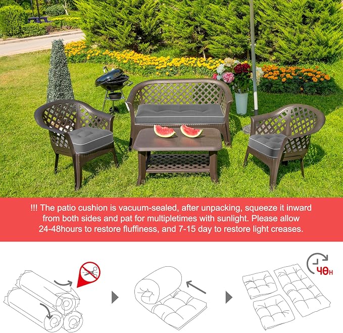 Wenqik 44 x 19 x 4 Inch Outdoor Bench Cushion Set of 3 Waterproof Tufted 1 Patio Loveseat Cushions and 2 Square Chair Seat Pad for Outdoor Furniture Couch Swing Sofa Wicker Settee(Gray)